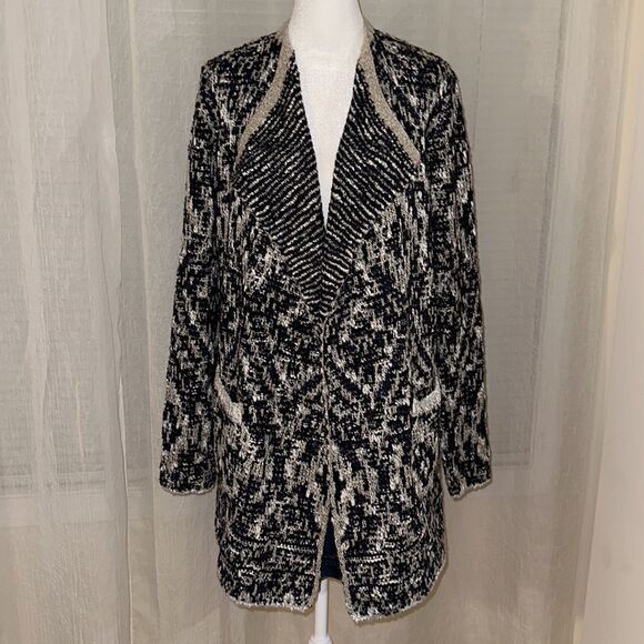 Lucky Brand M Navy White Tan Boucle Cotton Wool Nylon Blend Open Front Cardigan - Picture 1 of 14